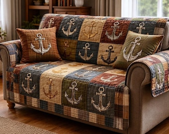 Nautical Anchor Quilted Sofa Cover, Coastal Patchwork Couch Protector, Beach House Furniture Cover, Washable Sofa Throw