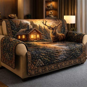 May include: A sofa cover featuring a detailed forest scene with a cabin and a deer. The cover has a quilted design with a dark color palette, and a decorative border. The cabin has lit windows, and the deer has large antlers.