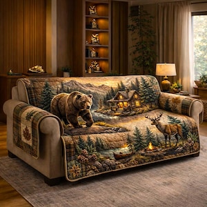 May include: A sofa with a nature-themed quilted cover featuring a bear, deer, cabin, and forest scene. The cover has a plaid pattern on the armrests and a brown and green color scheme. The sofa is set in a cozy living room.