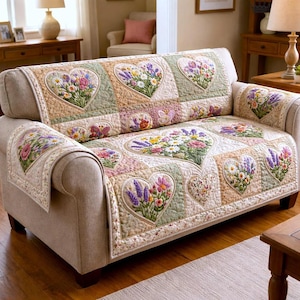 May include: A beige sofa with a floral quilt cover featuring heart-shaped patches. Each patch showcases embroidered flowers in various colours, including pink, purple, and yellow. The quilt has a scalloped edge and covers the seat and arms of the sofa.