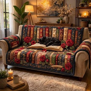Può includere: Un divano con una copertura decorativa raffigurante libri colorati. Un gatto nero riposa su un libro aperto, circondato da accenti di rose rosse. Il divano è in un ambiente accogliente.