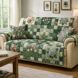 Puede incluir: Una funda de sofá y dos cojines a juego con diseño floral. La funda presenta un diseño de patchwork con flores bordadas en tonos rosas, blancos y azules sobre un fondo verde. Los cojines tienen un patrón floral similar.