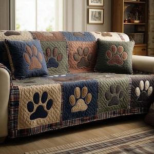 Op de afbeelding: Een bank bekleed met een patchwork quilt en twee bijpassende kussens. De quilt en kussens hebben grote pootafdrukken in blauw, bruin en groen. De quilt heeft een geruite rand.