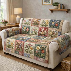 May include: A floral patchwork sofa cover with a variety of colorful embroidered flowers. The cover is placed on a white sofa and includes armrest covers. The design features squares of different colors and patterns, creating a cozy, country-style aesthetic.