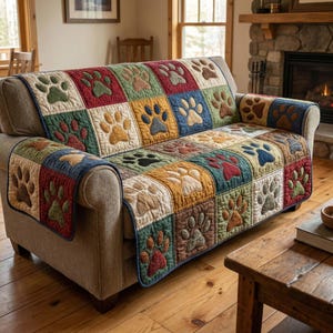 May include: A patchwork sofa cover with paw print designs in shades of green, red, blue, and tan. The cover is placed on a beige sofa in a living room. The cover is designed to protect the sofa. The sofa cover is made of quilted fabric.