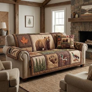 May include: A beige sofa with a decorative quilted cover featuring a bear, maple leaf, and other nature-themed patches. A matching cushion with bear and leaf designs rests on the sofa. The room has a rustic, cabin-like aesthetic.