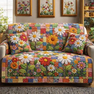 Floral Sofa Cover, Daisy Flower Couch Cover, Patchwork Floral Sofa Protector, Cottage Garden Blanket, Spring Home Decor