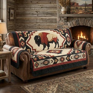 May include: A brown leather sofa with a decorative quilt featuring a bison design. The quilt has a cream background with geometric patterns in black, red, and brown. The sofa is in a rustic living room setting.