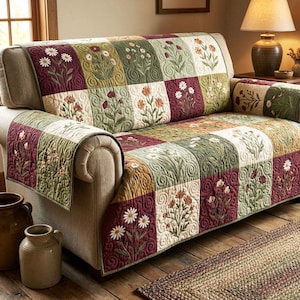 Può includere: Una fodera per divano patchwork con fiori ricamati nei toni del verde, bordeaux e crema. La fodera è drappeggiata su un divano beige, con una fodera per bracciolo abbinata. Il design presenta una varietà di fiori stilizzati.
