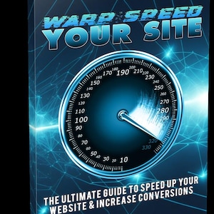 May include: A book cover with the title "WARP SPEED YOUR SITE" in blue, featuring a speedometer graphic. The text "THE ULTIMATE GUIDE TO SPEED UP YOUR WEBSITE & INCREASE CONVERSIONS" is also displayed. The background is a dark blue with a network design.