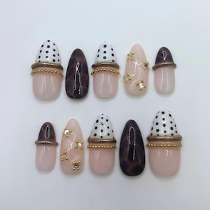 3D Gold Bangle Press on Nails, Black and White Polka Dot