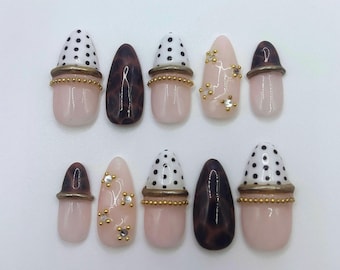 3D Gold Bangle Press on Nails, Black and White Polka Dot