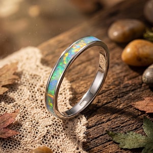 iridescent opal inlay thin stainless steel band ring, vintage minimalist stackable ring size 10