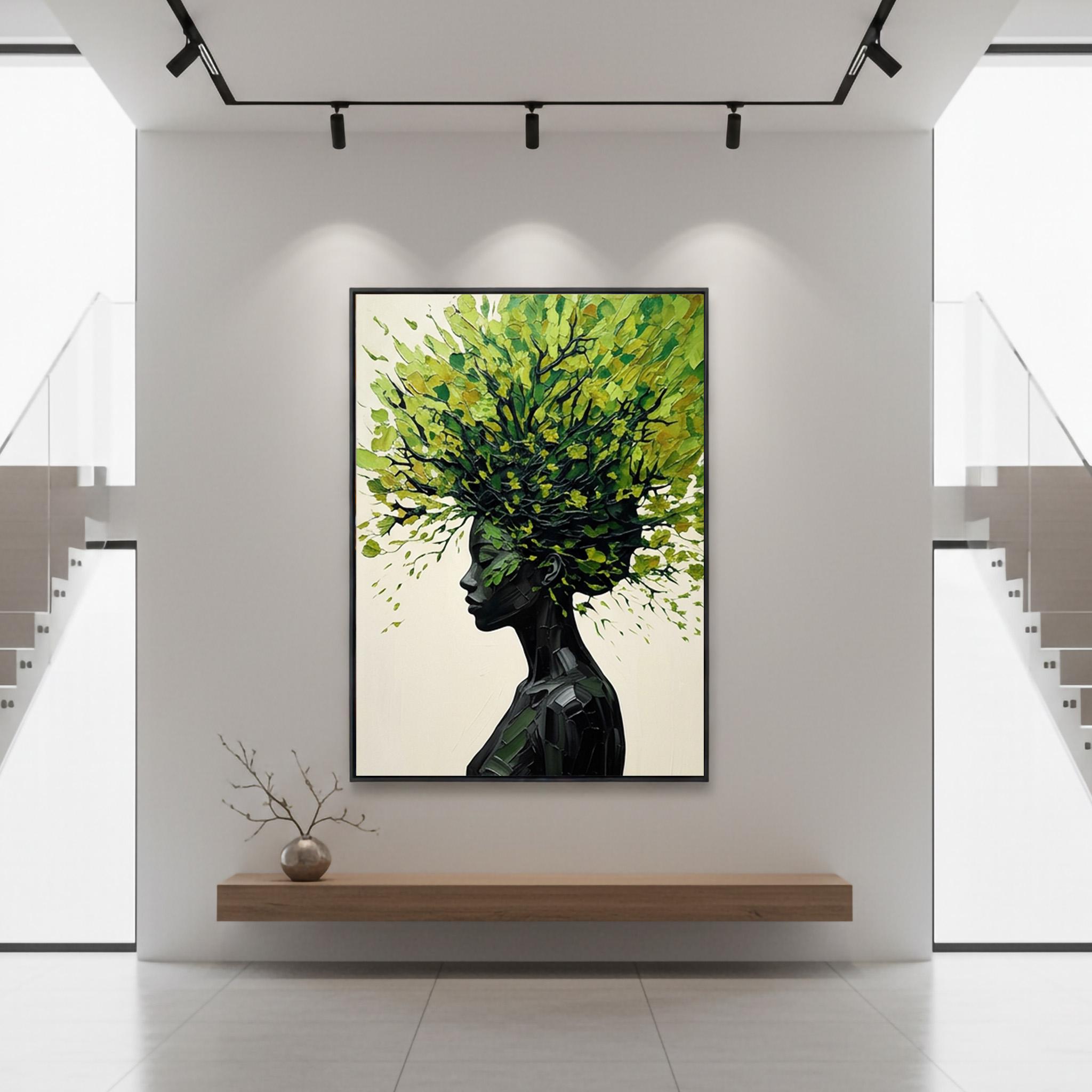 3D Textured Black Woman Tree Hair Oil Painting Green Abstract Portrait ...