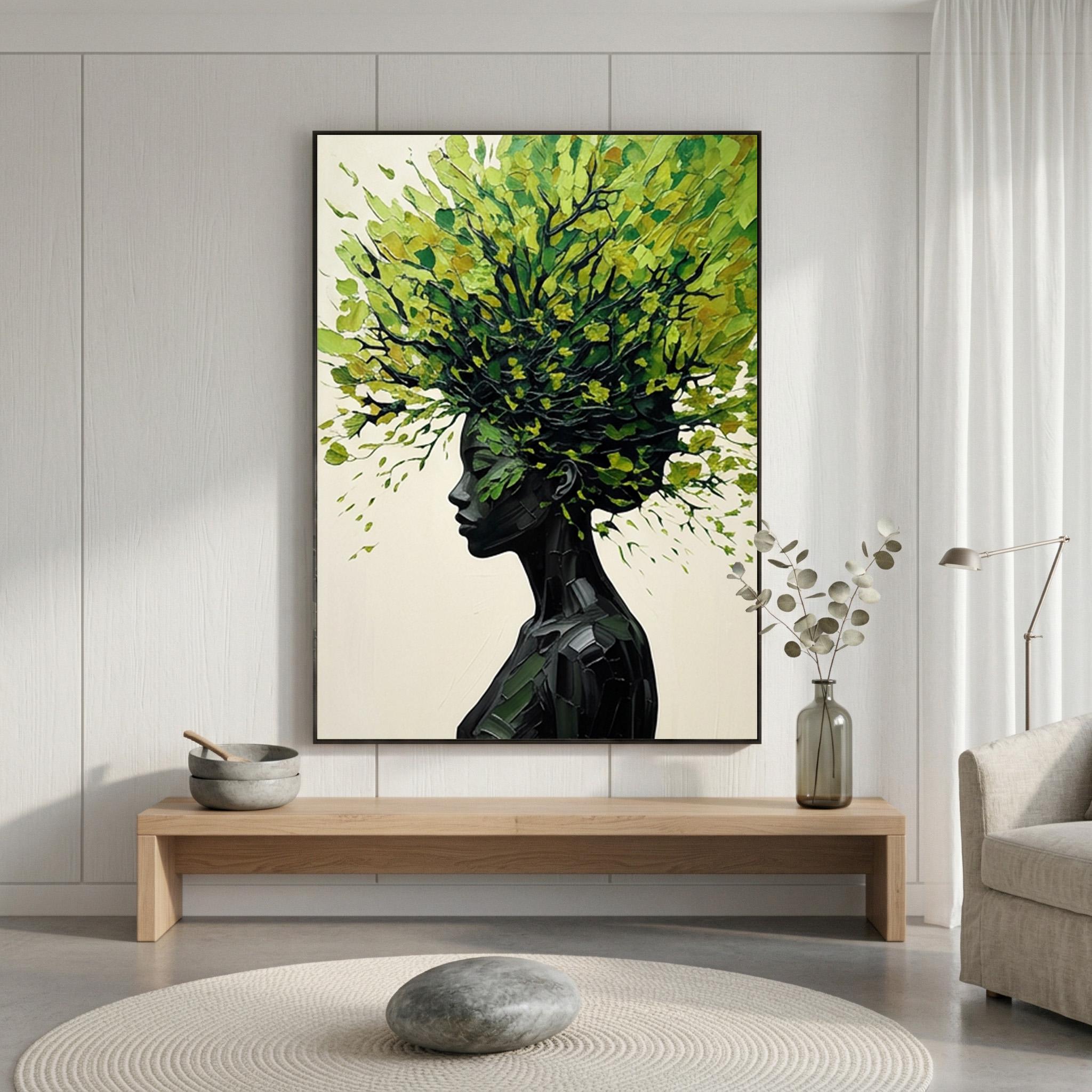 3D Textured Black Woman Tree Hair Oil Painting Green Abstract Portrait ...