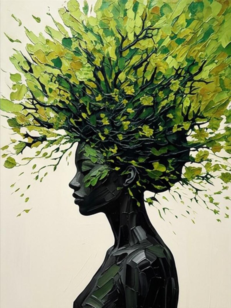 3D Textured Black Woman Tree Hair Oil Painting Green Abstract Portrait ...
