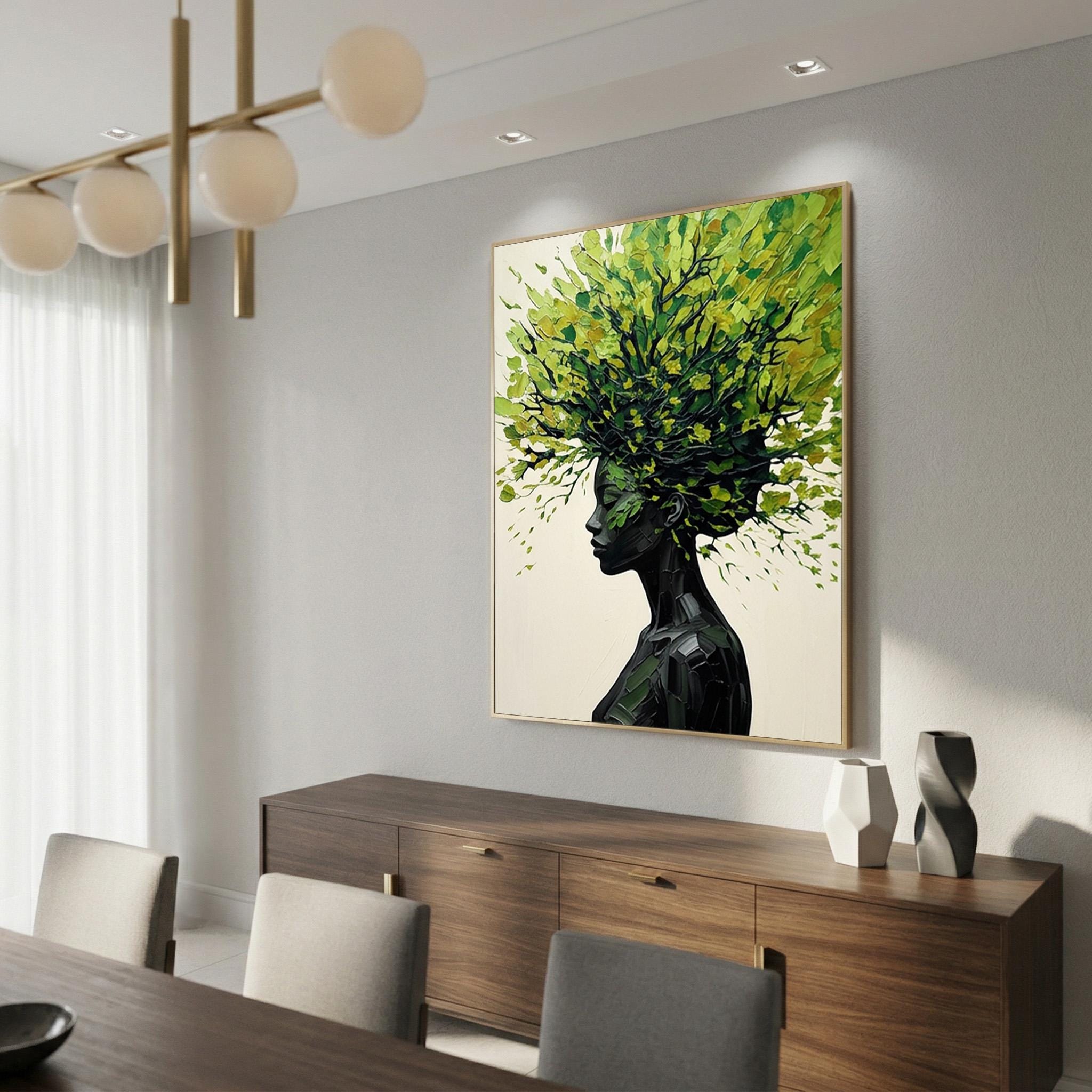 3D Textured Black Woman Tree Hair Oil Painting Green Abstract Portrait ...