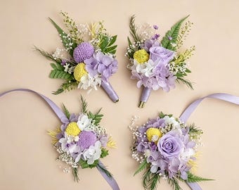 Lavender Purple Wedding Boutonniere & Wrist Corsage Set, Bridal Bridesmaid Corsage, Groom Groomsman Boutonniere
