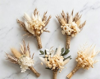 Mini ramo de flores secas, flores secas para decoración del hogar, prendedor de boda, boutonnière de flores secas, mini jarrón de flores secas