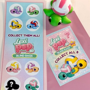 May include: A green turtle figurine with a volleyball on its back, next to a pink card with the text "Lexi Pop 3D Blind Bags" and "Collect Them All!". The volleyball is white and pink. The card shows images of different turtle designs.