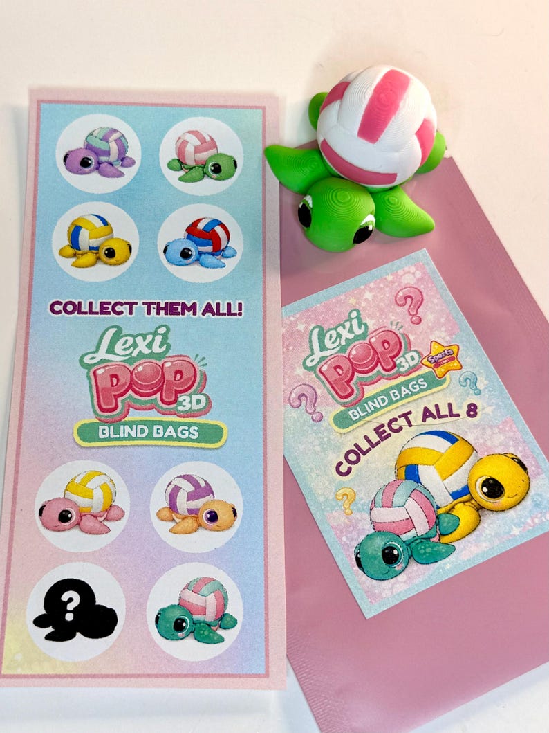 May include: A green turtle figurine with a volleyball on its back, next to a pink card with the text "Lexi Pop 3D Blind Bags" and "Collect Them All!". The volleyball is white and pink. The card shows images of different turtle designs.
