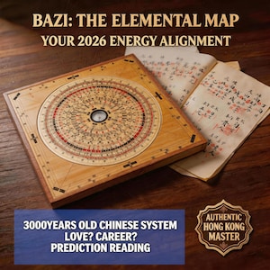 May include: A wooden Bazi compass with a circular dial and detailed markings, next to open pages of handwritten text. The image includes text that reads "BAZI: THE ELEMENTAL MAP" and "YOUR 2026 ENERGY ALIGNMENT". Additional text states "3000YEARS OLD CHINESE SYSTEM LOVE? CAREER? PREDICTION READING".
