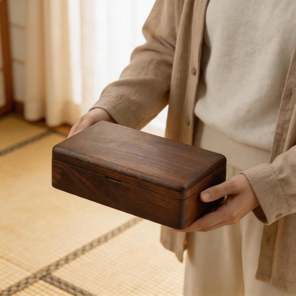 Walnut Wood Storage Box, Minimalist Keepsake Organizer, Hand-Finished Desktop Case