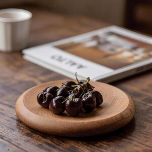 Puede incluir: Un plato de madera contiene un grupo de cerezas rojas oscuras. El plato es redondo con un borde elevado, y las cerezas tienen tallos verdes. Una taza blanca y un libro están en el fondo, todo sobre una mesa de madera.