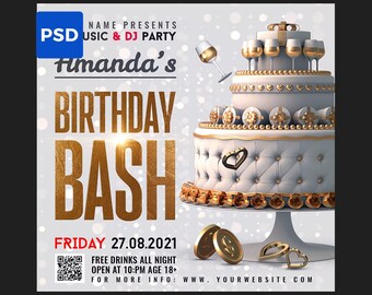 Birthday Party Flyer Photoshop Template | Editable PSD Birthday Flyer | DIY Party Invitation, Instagram