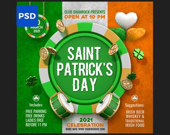 St. Patrick’s Day Flyer PSD | Irish Party Event Flyer | Green Holiday Celebration | Editable Photoshop