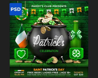 St. Patrick’s Day Flyer PSD | Irish Party Event Flyer | Green Holiday Celebration | Editable Photoshop