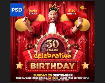 Birthday Party Flyer | Birthday Photoshop Template | Editable PSD Birthday Flyer | DIY Party Invitation, Instagram