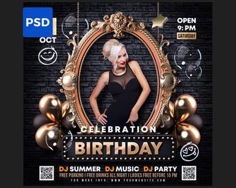 Birthday Party Flyer PSD | Birthday Photoshop Template | Editable Birthday Flyer | DIY Party Invitation | Vip Lounge flyer
