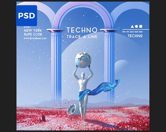 Techno Flyer Template, Rave Party Poster, DJ Event Photoshop Editable Design, Underground Club Night Flyer, Instant Download
