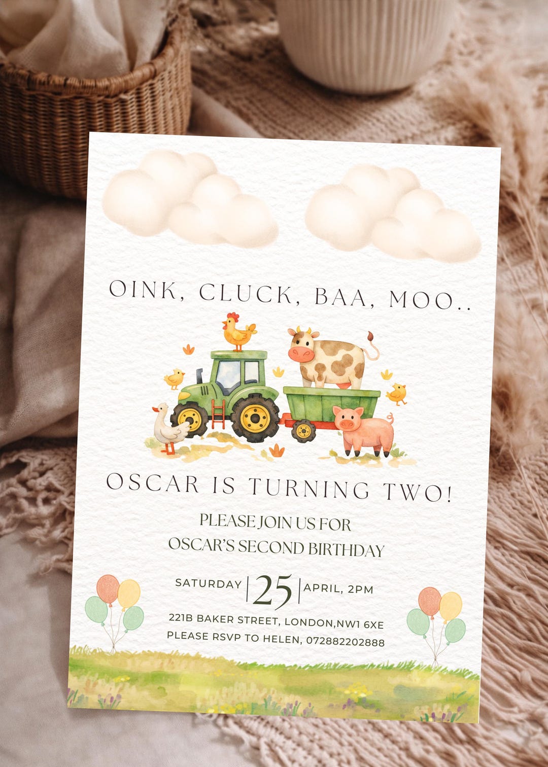 Farm Animal Second Birthday Invitation – Editable 5"x7" Canva Template ...