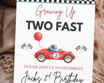 Invitación de cumpleaños con temática de coches, cumpleaños de coches de carreras, invitación para el segundo cumpleaños, Dos rápidos, 2, editable en Canva