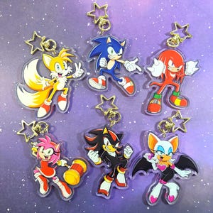 May include: Six acrylic keychains featuring characters from the Sonic the Hedgehog video game series. The keychains include Sonic, Tails, Knuckles, Amy, Shadow, and Rouge, each with a gold star-shaped clasp.