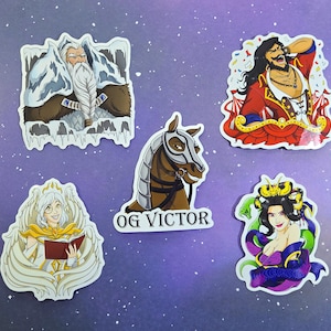 May include: A collection of five fantasy-themed stickers. The stickers feature illustrations of a bearded man in a snowy mountain, a man in a red coat, a horse with a mask, an angel, and a woman with snakes.