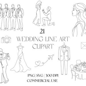 May include: A collection of 21 black and white wedding line art illustrations featuring a bridal party, a proposal, a bride, a camera, a wedding dress, an aeroplane, an envelope, a tuxedo, and a table setting with the text 21 WEDDING LINE ART CLIPART.