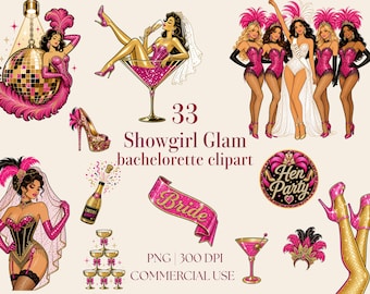 Showgirl Glam Sparkle Bachelorette Cliparts Bundle, Girl in a Martini Glass Illustration, Cabaret Party Hot Pink PNG, Concert Design Graphic