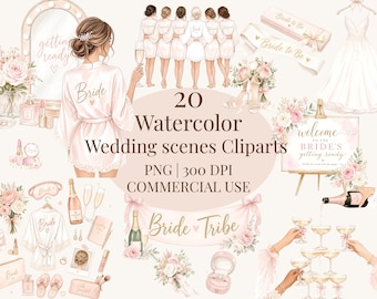 Paquete de imágenes prediseñadas en acuarela de escenas de preparación para la boda, PNG para despedida de soltera, imágenes prediseñadas para la fiesta nupcial, PNG para despedida de soltera, gráficos para el grupo de la novia