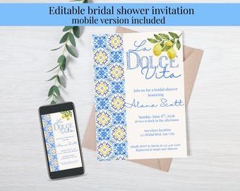 La Dolce Vita Bridal Shower Invitation Template, Yellow and Blue Tiles Lemon Coast Party Invite, Italian Summer Evite, Lemon Amalfi Invite