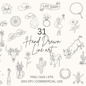 Hand Drawn Western Cowgirl Bach PNG, Rodeo Doodle Bundle SVG, Bachelorette Party Invitation Line Art Illustration, Whimsical Handdrawn EPS