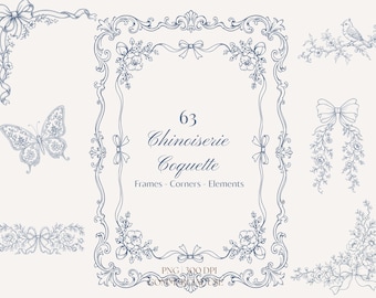 May include: A collection of blue line art illustrations featuring a central rectangular frame, a butterfly, floral corner accents, bows, and a bird on a branch. The text reads 63 Chinoiserie Coquette Frames - Corners - Elements PNG 300 DPI.