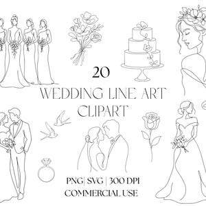 May include: A collection of black line art illustrations featuring wedding themes, including a bridal party, a three-tier cake, a bride with a floral crown, a couple, a rose, rings, birds, and an envelope. Text reads 20 WEDDING LINE ART CLIPART PNG SVG 300 DPI COMMERCIAL USE.