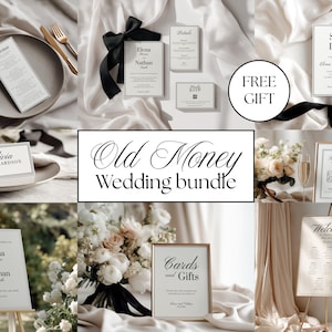 May include: A wedding stationery bundle featuring white cards with black text, including a menu, invitation, RSVP, save the date, place card, signature drinks sign, welcome sign, cards and gifts sign, and seating chart, accented with black ribbons.