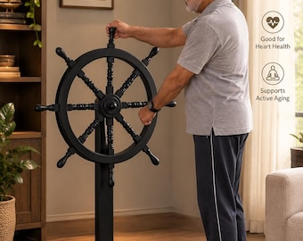 May include: A black wooden ship wheel mounted on a vertical stand. The wheel features eight spokes and a central hub. Text on the right lists benefits including Improves Arm Strength, Enhances Joint Flexibility, Good for Heart Health, Supports Active Aging.