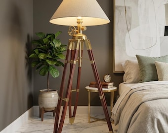 65" Nautical Tripod Floor Lamp | Marine Royal Wooden Floor Shade Lamp Light Coastal Beach House Decor Father's Day Gift