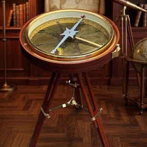 May include: A brass compass with a white and red needle, housed in a wooden frame. The compass is mounted on a dark wood tripod with brass detailing. The background features a map, books, and a telescope, evoking a nautical or exploration theme.