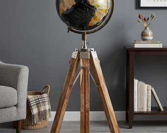 Vintage 12” World Globe with Tripod Stand 60” Floor Standing Teak Wooden Rotating Globe Bar Nautical Office & Home Decor Gift